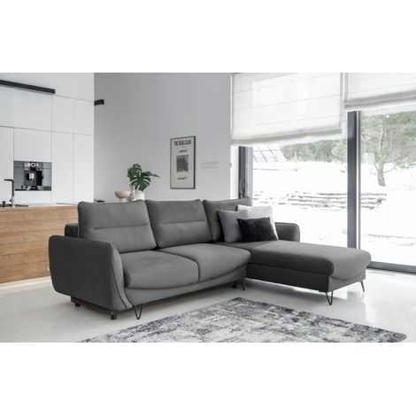 Canapé d’angle convertible 4 places ZURIK en velours – 276cm angle droit-Gris chiné-angle droit (1/5)