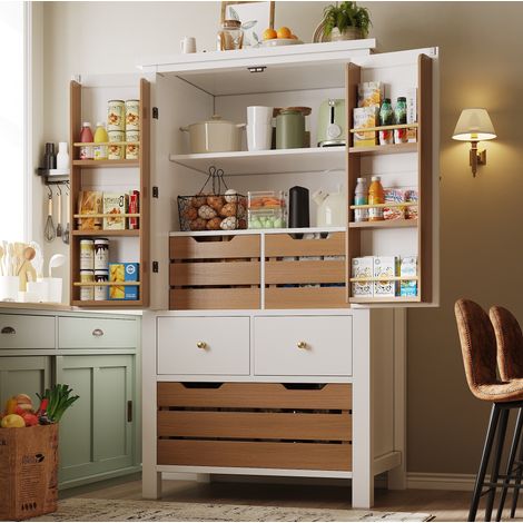 Aparador alto 80x40x140 cm con 2 puertas y 5 cajones, especiero, estantes de almacenamiento, en MDF, blanco y marrón (1/5)