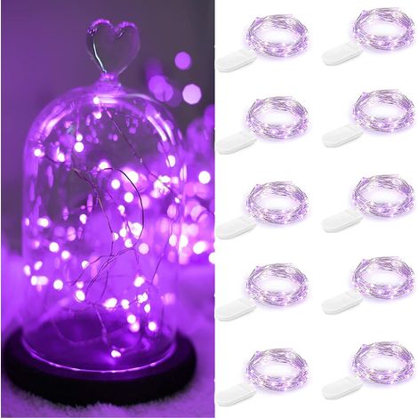Lot de 10 guirlandes lumineuses LED à piles 1m 10 LED fil d'argent violet étanche bouteille étoile guirlandes lumineuses pour Noël fête (1/5)