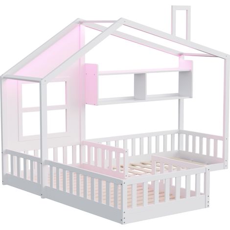 Lit enfant cabane blanc avec étagères, barrières de sécurité et sommier à lattes (1/5)