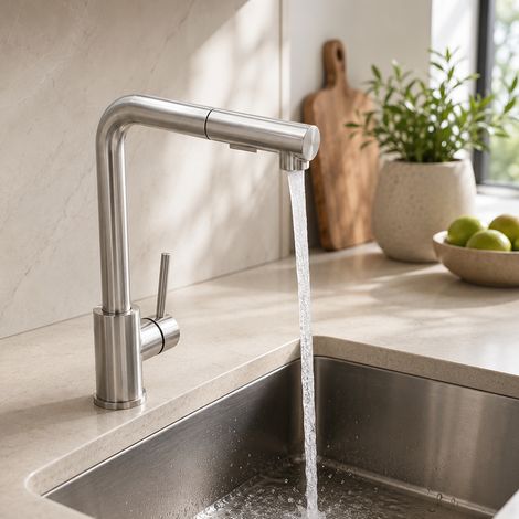 Robinet de lavabo extractible, Mitigeur de salle de bain col de cygne en L avec douchette 2 jets, Acier inoxydable pivotant 360° 31cm, Gris chromé (1/5)