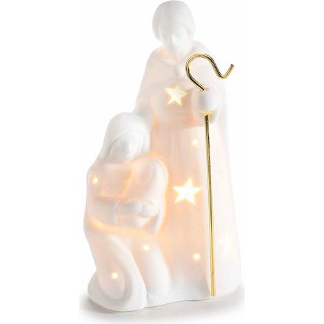 Presepe Sacra Famiglia in porcellana bianca con dettaglio dorato e luci LED, set da 3 pezzi, cm 8,5 x 6 x 15,5 H
