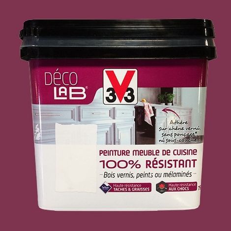 V33 – Peinture meuble de cuisine satin aubergine 0,75 L – Résistante aux chocs et aux taches – Application sur bois vernis et mélaminé (1/3)