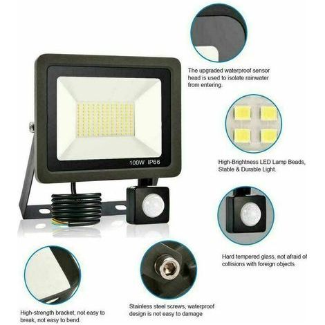 Ikodm – Projecteur à détecteur de mouvement 100W – IP65 étanche – 60000 lumens blanc froid – Éclairage pour garages et terrains de sport (1/5)