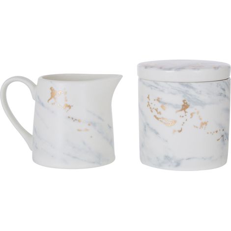 Interiors By Premier Sugar Pot & Creamer Duo,Marble Patterned Porcelain Set With Gold-Toned Detail, Compact Creamer & Sugar Jar (1/5)