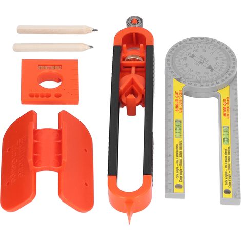 Set mit 6 Markierungswerkzeugen, Winkelmesser, Messlineal, Bleistift und Wasserwaage (1/5)