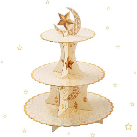 Présentoir à cupcakes à 3 étages en forme de lune et d'étoile, tour à desserts en carton beige et or sur le thème de l'Aïd, présentoir à cupcakes pour le Ramadan, les mariages et les anniversaires (1/5)