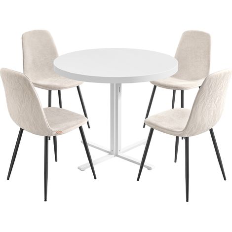 Vasagle – Ensemble table ronde 80 cm avec 4 chaises – Support en acier – Résistant à l'eau et aux rayures – Blanc neige et crème (1/5)