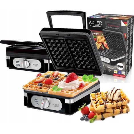 Gaufrier Adler 2000 W, 2 gaufres, format XXL, haute puissance, noir