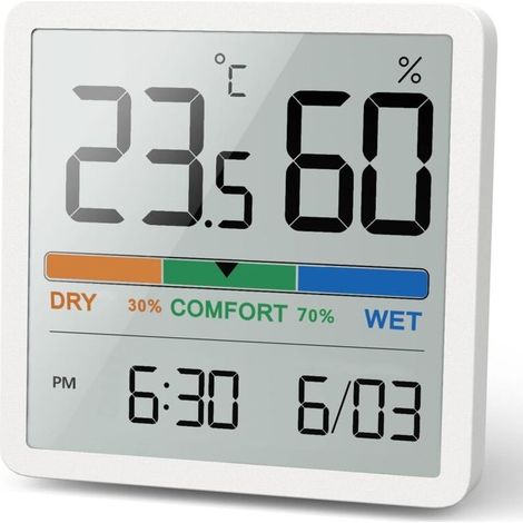 Hygromètre Thermomètre d'intérieur, thermomètre numérique de bureau avec moniteur de température et d'humidité, thermomètre d'ambiance à jauge d'humidité précise avec horloge(Blanc) (1/5)