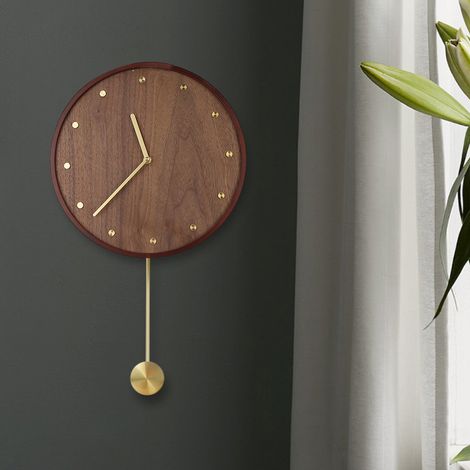 Stilvolle, schlichte, geräuschlose Wanduhr aus Holz mit Messingskala – Hängeuhr für Zuhause oder Büro (1/5)