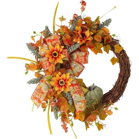 Couronne d'automne pour porte d'entrée, tournesol artificiel, 40 x 40 cm Avec base de vigne et ruban, décoration saisonnière pour porte d'entrée, mur, porche, orange jaune