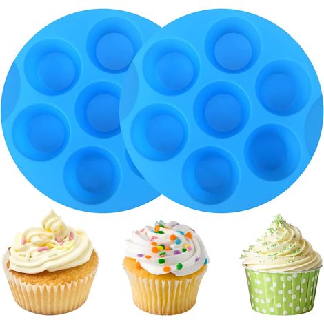 2Pcs Silicone Cupcake Tray, 7 Cup Deep Silicone Muffin Tray, Cupcake Moulds Muffin Cake Baking Trays, for Yorkshire Pudding, Bun, Cake(Blue) (1/5)