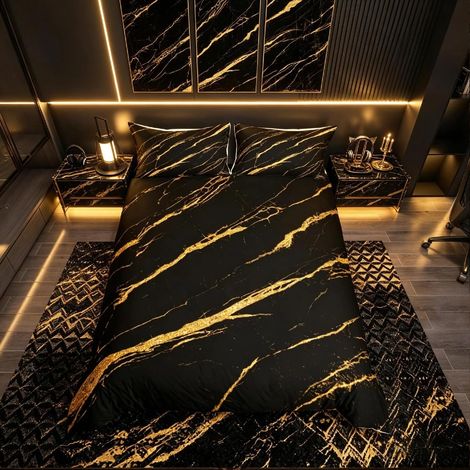 Parure de lit moderne en marbre noir doré avec housse de couette et lin pour enfants, adolescents, femmes et hommes, art abstrait et lin pour lit double (1/3)