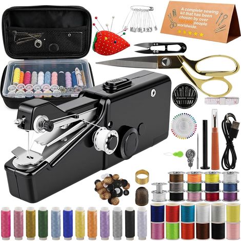 Machine à coudre portable avec kit de couture et accessoires de couture - 125 pièces - Portable - Mini sans fil - Idéal pour les débutants et les adultes - Kit complet pour réparer rapidement (1/5)