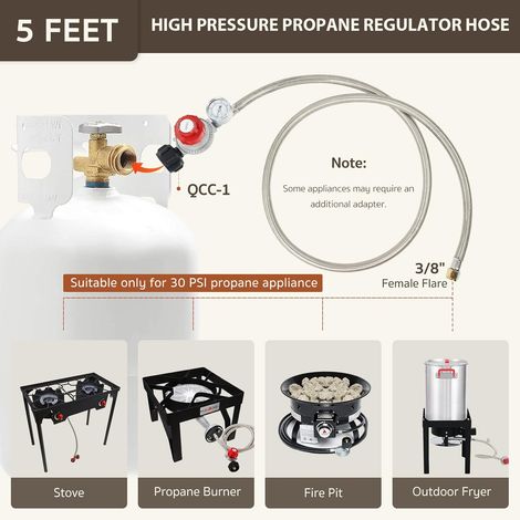 Irovami Détendeur propane haute pression réglable 0-30 PSI Flexible tressé inox 5 pieds – Pour friteuse, brûleur, foyer (1/3)