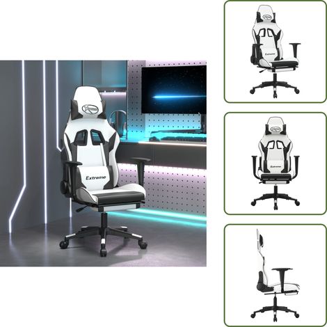The Living Store Chaise de jeu avec repose-pied Blanc et noir Similicuir - Chaise Gaming - Fauteuil Gamer - Chaise Bureau - Chaise Ergonomique - Similicuir (1/5)