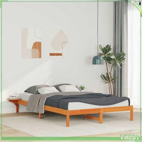 Cadre de lit - ABI - Brun cire - Pin massif - 160 x 220 cm avec tables de chevet intégrées (1/5)