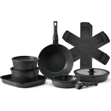 Set de 17 pièces de casseroles et poêles en granit, poignées amovibles, économiseur d'espace, compatible induction, avec couvercles en verre trempé, four compatible, noir. (1/5)