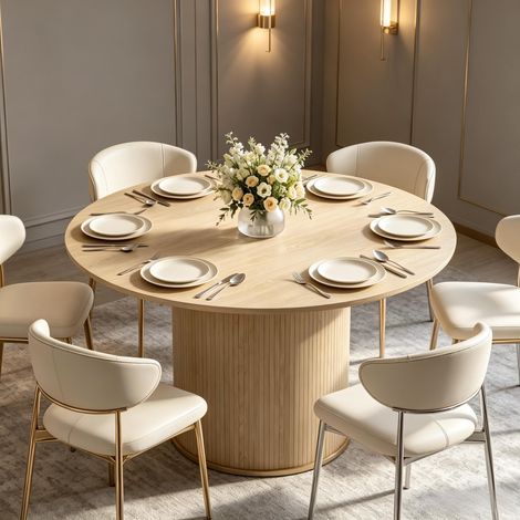 Table ronde pour 4-6 personnes, Ø 120 x 75 cm, table de cuisine avec base cylindrique clignotée, aspect bois naturel (1/5)