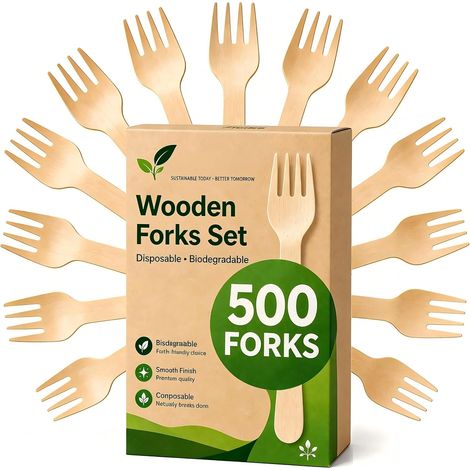 500 fourchettes en bois, ensemble de couverts jetables en bois, alternative au plastique, respectueux de l'environnement, biodégradable, compostable, set de couverts - 500 fourchettes (1/5)