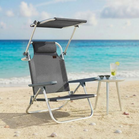Transat pliant de jardin avec appui-tête, auvent réglable, dossier inclinable 6 positions, 62 x 68 x 79 cm, gris foncé (1/5)