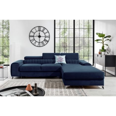 Canapé d'angle convertible en tissu velours Luxe bleu, 5 places, angle droit (vu de face) - GRECE VELOURS (1/5)