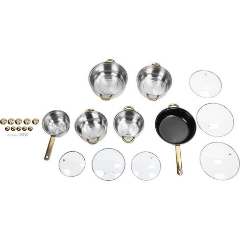 Batterie de cuisine en acier inoxydable, antirouille, antiadhésive, comprenant casseroles et poêles pour une utilisation domestique, en cuisine et en restauration. Poignée dorée. (1/5)