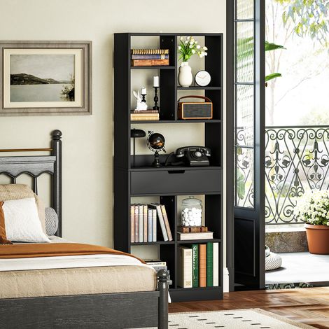 Bücherregal mit Schublade und offenen Regalböden, 60 x 26 x 158 cm, schwarz