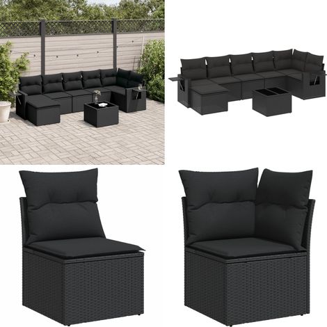 Salon de jardin 8 pcs avec coussins noir résine tressée - Ensemble Salon De Jardin - Meuble De Jardin - Salon D'extérieur - Résine Tressée - Rotin Synthétique - Home & Living (1/5)