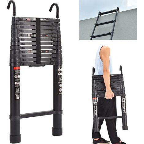 Échelle télescopique en aluminium de 5 m/16,5 pi avec crochet amovible Échelle polyvalente pliante extensible robuste EN131 Approuvé de sécurité Noir