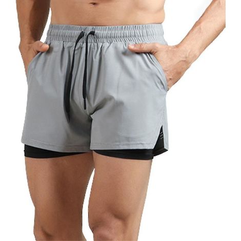 Short de sport homme double couche avec poche zippée, respirant et à séchage rapide, idéal pour l'entraînement et le cyclisme - Taille M - Gris (1/4)