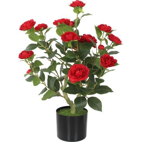 Camelia artificial de 65 cm en maceta, adornada con flores de seda realistas y 116 hojas con efecto musgo rojo. (1/5)
