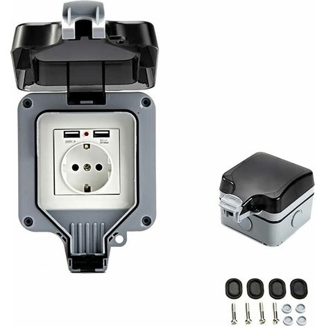 Ulisem Prise murale d'extérieur double avec port USB, étanche et résistante, équipée d'une boîte murale simple pour une utilisation en extérieur. (1/5)