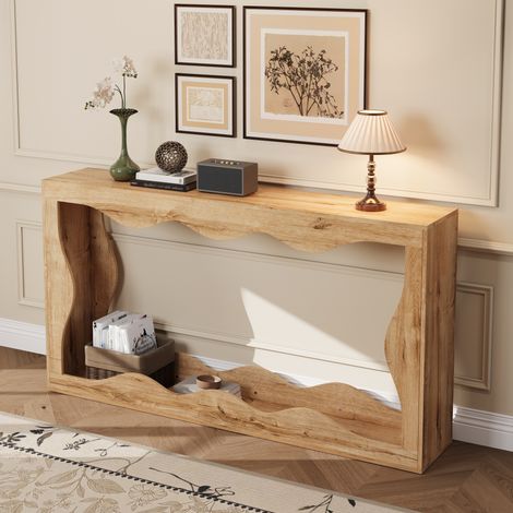 Table console bord ondulé 160x30x86.5cm, étagère 2 niveaux, longue table bois pour salon et entrée (1/5)