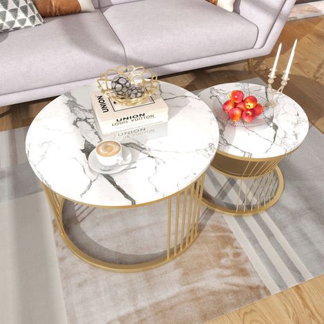 Tavolini da salotto rotondi, set di 2 tavolini Ø70/45 cm, tavolini da divano con vano contenitore, struttura in metallo, stile moderno chic, Bianco