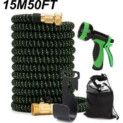 Tuyau d'arrosage Extensible 15M, Tuyaux d'arrosage Flexible 50FT, avec pistolet pulvérisateur à 10 fonctions, Pour l'extérieur, Vert (1/5)