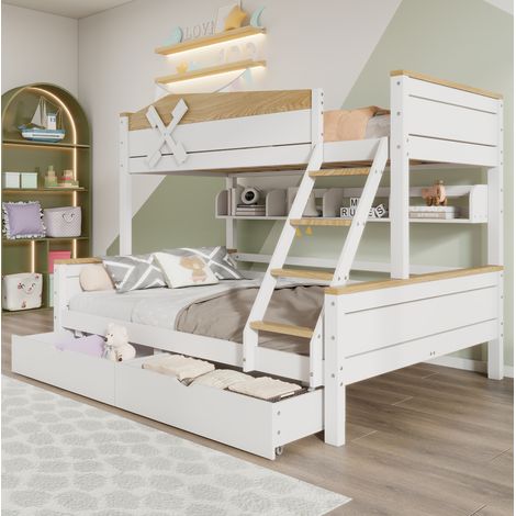 Lit superposé 90/200 et 140/200 cm blanc et naturel en bois de pin et MDF avec étagères, tiroirs et échelle inclinée (1/5)