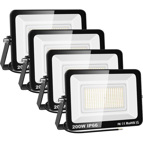 4 Pièces 200W Projecteurs LED Extérieur,20000lm Eclairage de Sécurité Spot LED Extérieur,6000K Blanc étanche Lumineuse Lampe pour Entrepôt Garage Jardin Stade Arrière-cour,175V-260V IP66 (1/5)