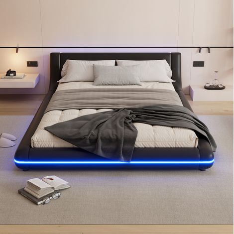 Bett 140x200 Bodenbett LED PU Schwarz Modern HAVRYA (1/5)