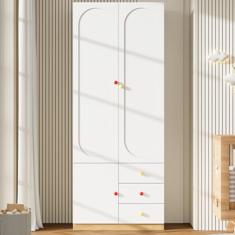 Armadio per Cameretta 2 Ante 3 Cassetti 80x45x200cm con Appendiabiti e Maniglie in Ceramica Laccato Stile Moderno Bianco