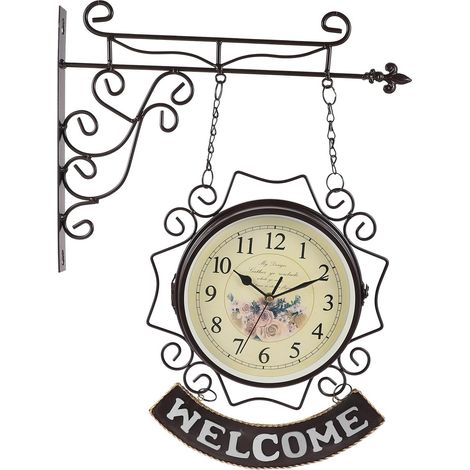 Horloge Murale Double Face en Fer Forgé Vintage 1 Pièce, Style Européen, Chiffres Romains, Décoration Intérieure Salon Bureau la Cuisine, Horloge Décorative Silencieuse, (1/5)