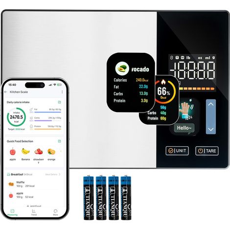 Balance de Cuisine Numérique, 5 kg / 1 g, Écran TFT, Fonction Tare, Calcul des Calories, Protéines, Lipides et Glucides, Application Mobile iOS et Android, Bluetooth, Balance Alimentaire Inte