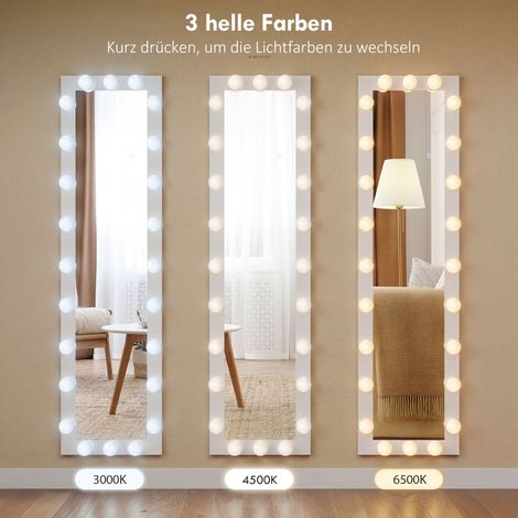 Miroir LED sur pied 150x40cm blanc, 24 ampoules réglables 3 teintes, inclinable ou à poser (1/4)