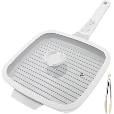 Poêle Grill en Céramique avec Couvercle, 26 x 24 cm Poêle à Griller avec Poignée Amovible, Compatible Tous Feux dont Induction - Blanc (1/5)