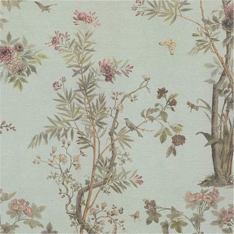 Flowers wallcovering wall Profhome 790435 hot embossed non-woven wallpaper slightly textured with floral ornaments shimmering turquoise olive green brown pastel violet 5,33 m2 (1/5)