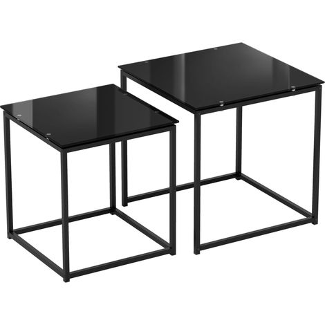 Set aus 2 quadratischen Beistelltischen aus gehärtetem Glas und schwarzem Stahl (1/5)