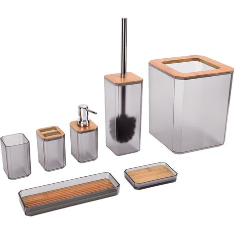 Bambus-Badezimmer-Accessoires-Set, 7-teilig, Seifenablage, Zahnbürstenhalter-Set für Zuhause und Hotel, Grau (1/5)