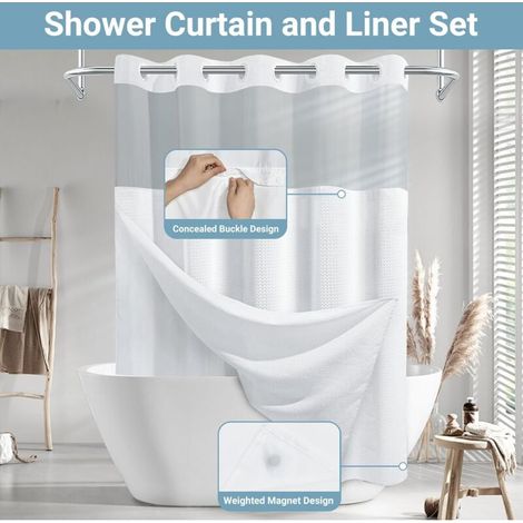 Cortina de ducha pre-ganchada de tela blanca con textura de gofre, ventana transparente y forro con clips (180,3 x 190 cm (ancho x largo)) (1/3)