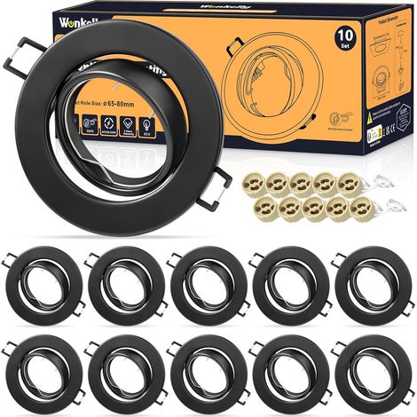 Set de Spots Encastrables GU10, Lot de 10 Cadres Ronds Blancs, Avec Douille Céramique, Pour LED, AC 230V Ø 68mm, Orientable 30°, Cadre de Montage Pour Plafond
